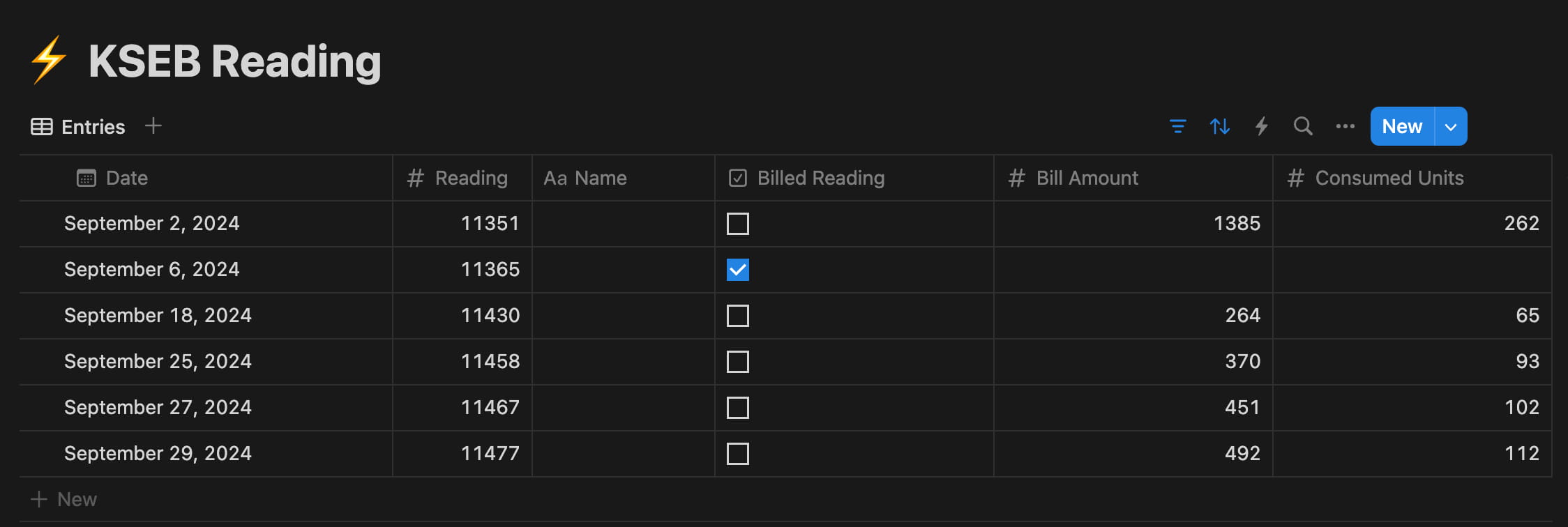 Notion electricity reading database