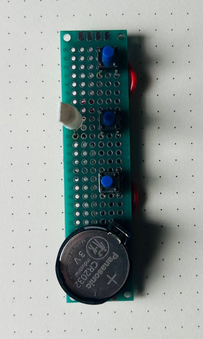 Front side of the assembled circuit with RGB LED and three push buttons