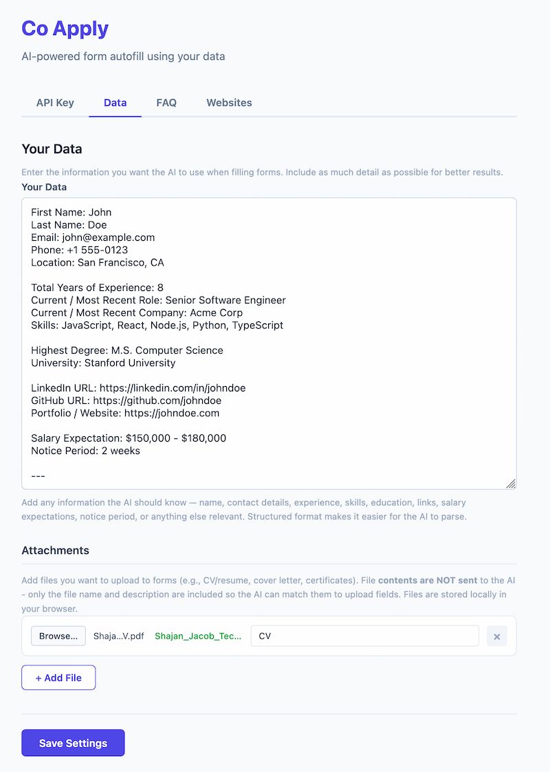 Extension settings showing user data configuration