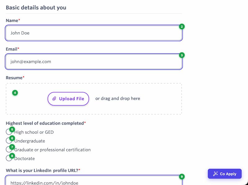 Form being autofilled with green and orange verification badges
